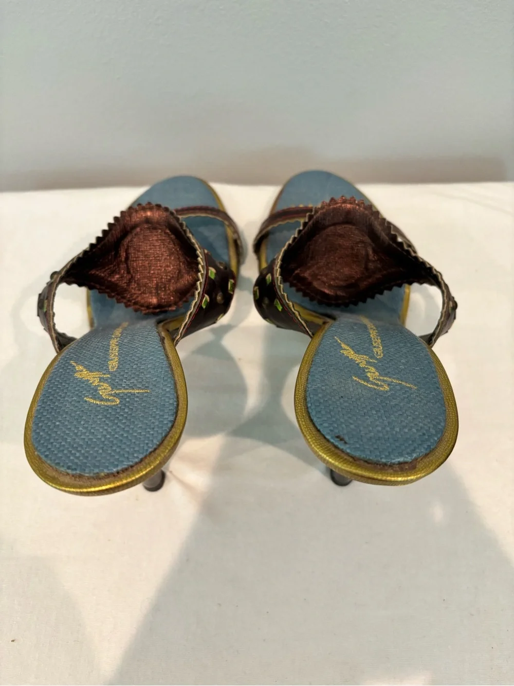 Giuseppe Zanotti Denim Slide Heels with Multicolor Crystal Detail